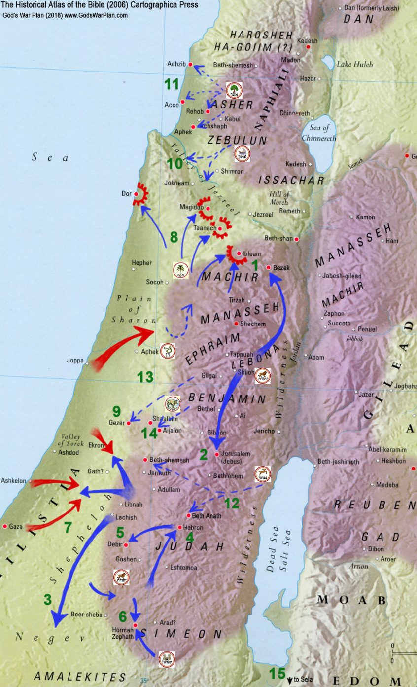 military history, ancient war, battle map, battle strategy, military tactics, ancient middle east map, ancient Hebrew weapons, Occupation of Canaan, Occupation of the Promised Land, Judges 1-2